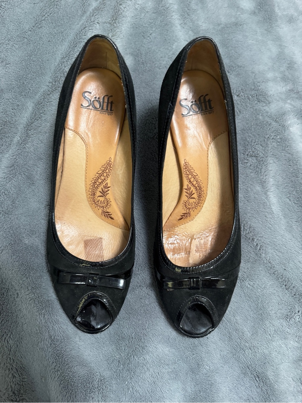 Genuine Leather Suede Black Peep-Toe Pumps